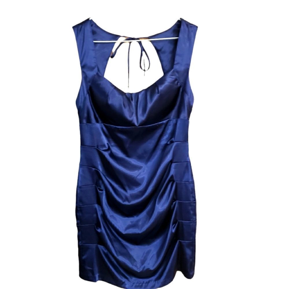 Windsor Metallic Blue Satin Side Pleats Tie Around Bodycon Dress Size 13 NWT